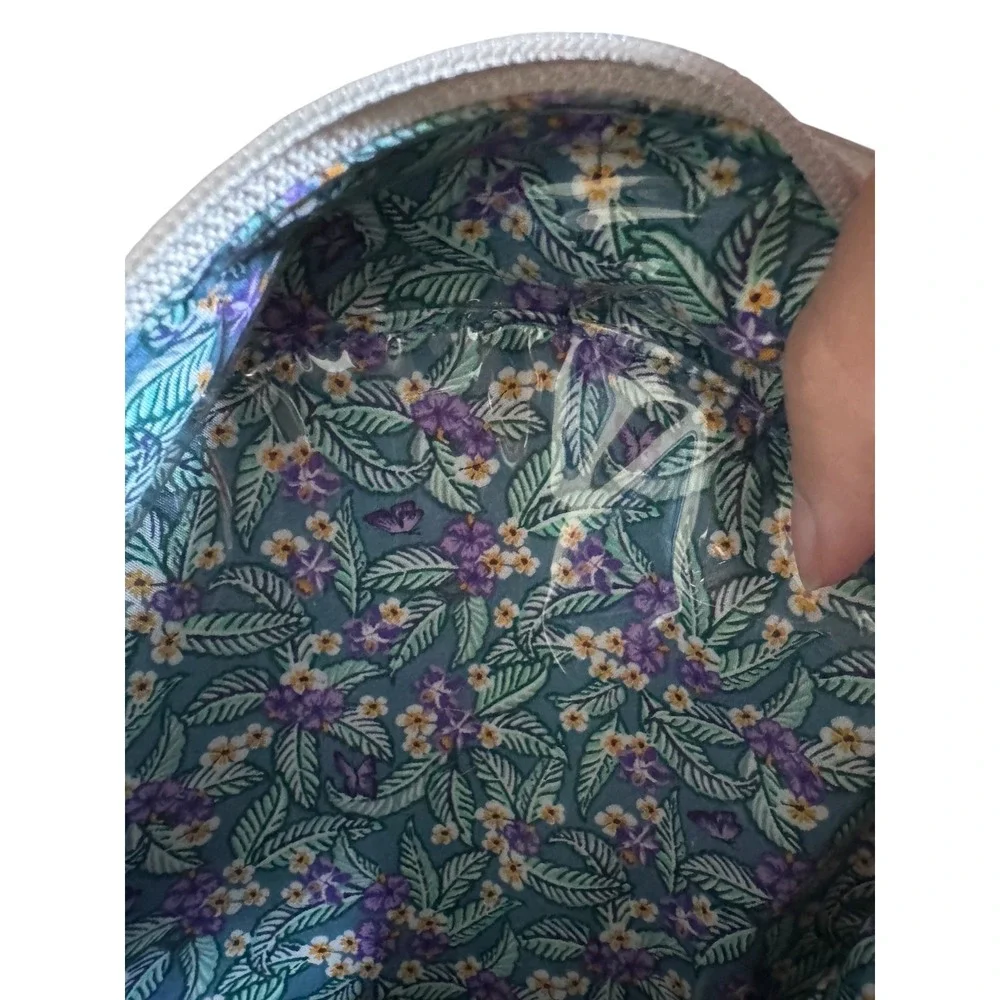 Vera Bradley Sloth Round Cosmetic Bag Vegan Leather Gray Floral Lining Orchid
